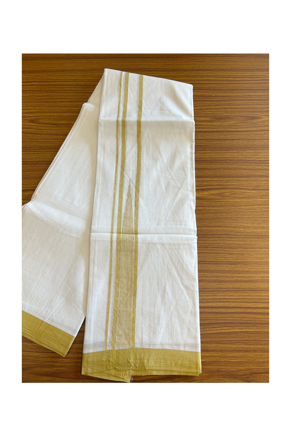 20% DISCOUNT!! KaithariKada Balaramapuram 100% Cotton PURE WHITE Double Mundu/Dhoti - 100x80 - 1.5 inch Mustard Yellow Temple striped Chutty kara -22KK5109THI