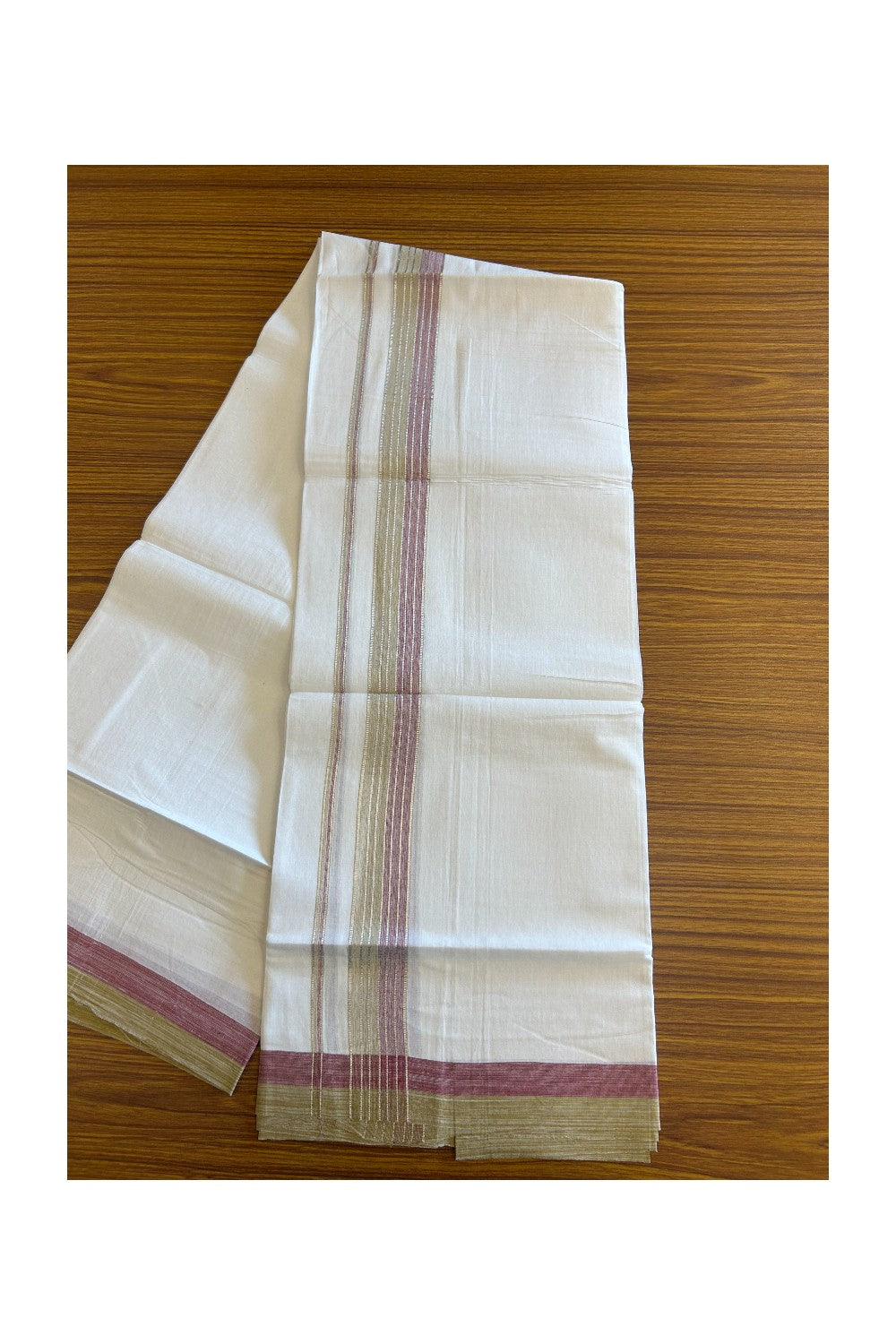 20% Discount !! KaithariKada Balaramapuram Double PURE WHITE Mundu/Dhoti- 100x80 - 2.25 inch Purple & Olive Green Shaded with Silver Striped kara - 3.90 mtr - 22KK5112PMC