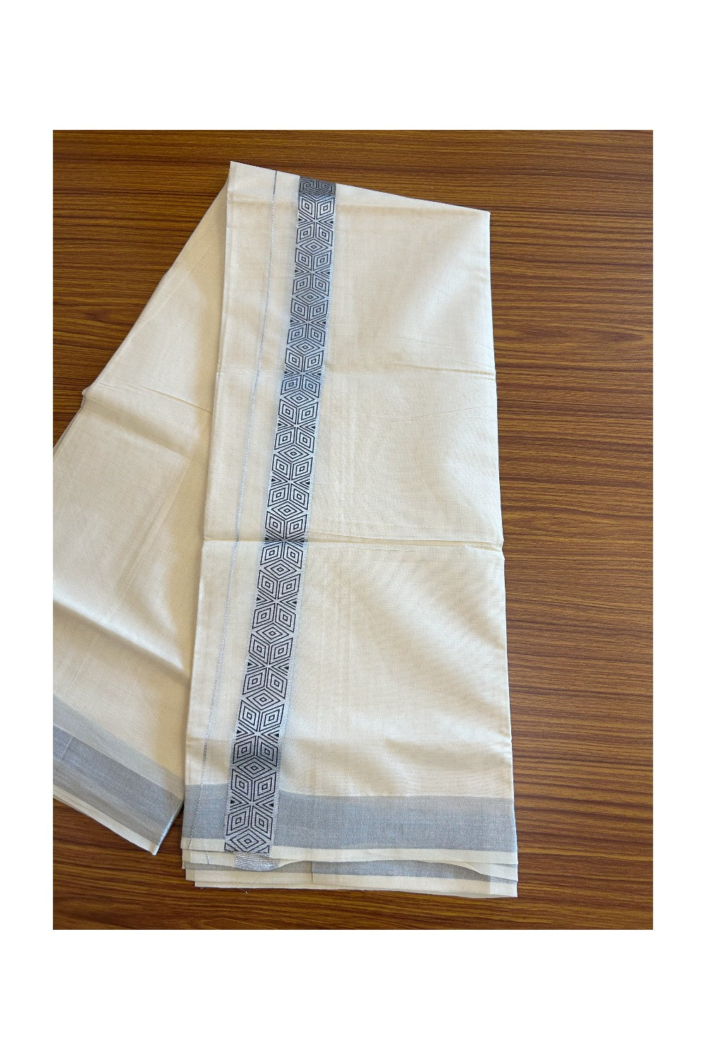 20% DISCOUNT ! KaithariKada Balaramapuram Mixed Cotton Double off white (Unbleached) Mundu/Dhoti - 80x80 thread- 2.25 inch Silver kasavu & Black design kara - 22KK5113PMC