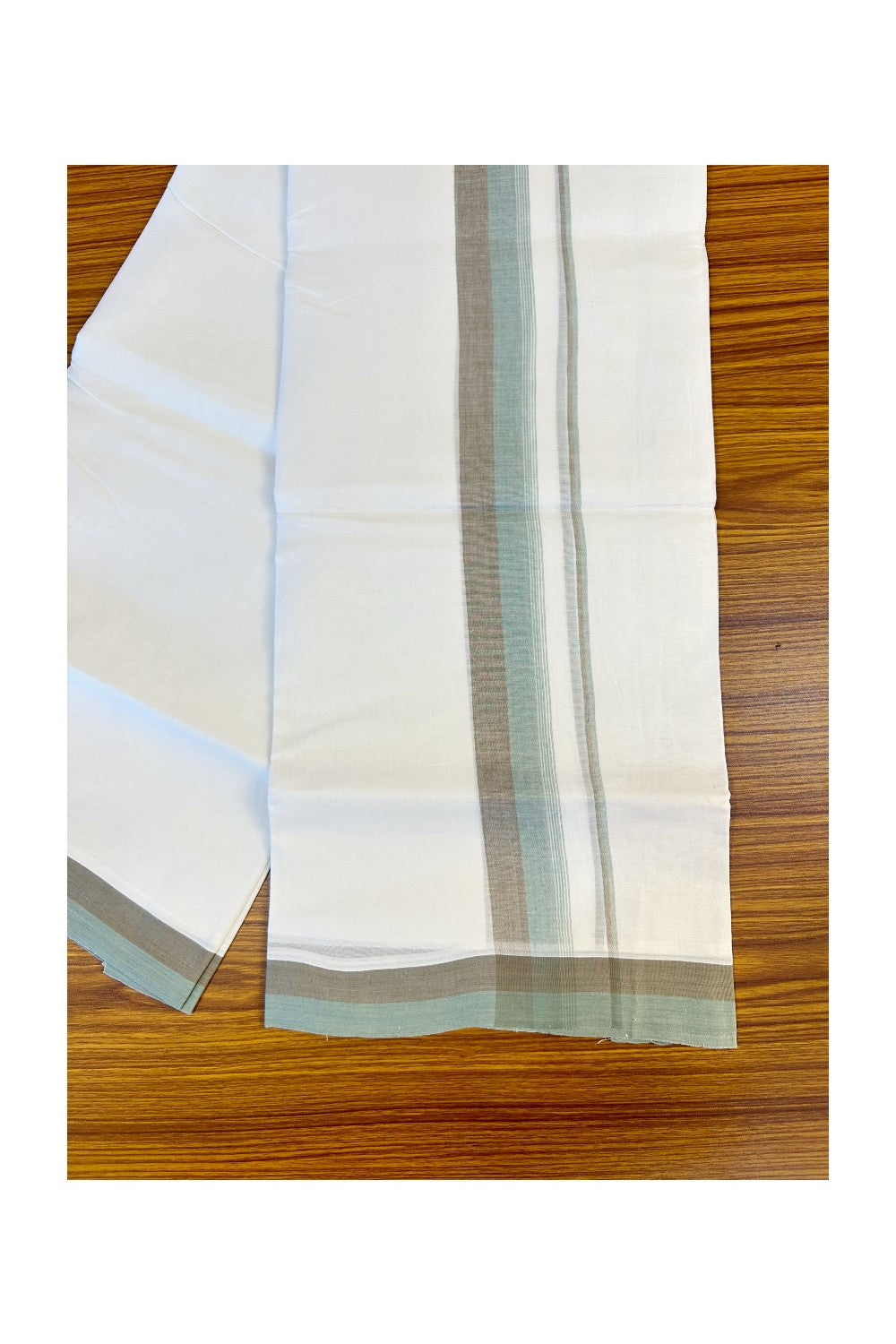 24% DISCOUNT!! Kaitharikada Balaramapuram 100% Cotton Ultra WHITE Double Mundu./Dothi-100x80  2.5 Inch Light Green & Brown Cotton Kara -22KK62ASH