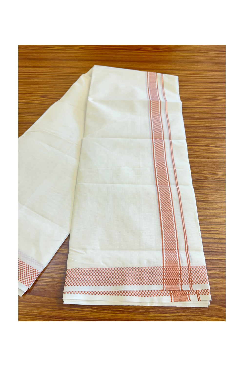 18% DISCOUNT ! KaithariKada Balaramapuram 100%  Cotton Off white (Unbleached) Double  Mundu/Dhoti - 100X100  brown check design kara - 22KK78PMC