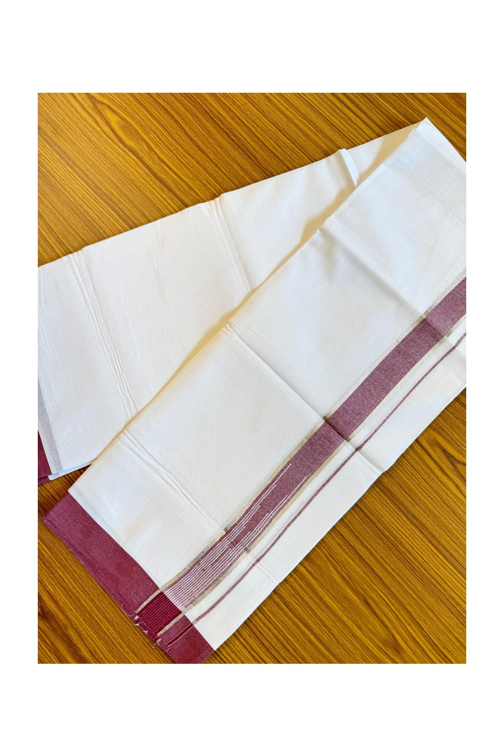 21% DISCOUNT!! Kaitharikada Balaramapuram 100% Cotton PURE WHITE Double Mundu/Dothi-100x92 Puliyilakkara CHUTTY 2 Inch SILVER & MAROON WHITE STRIPED Cotton Kara - 22KK84CEE