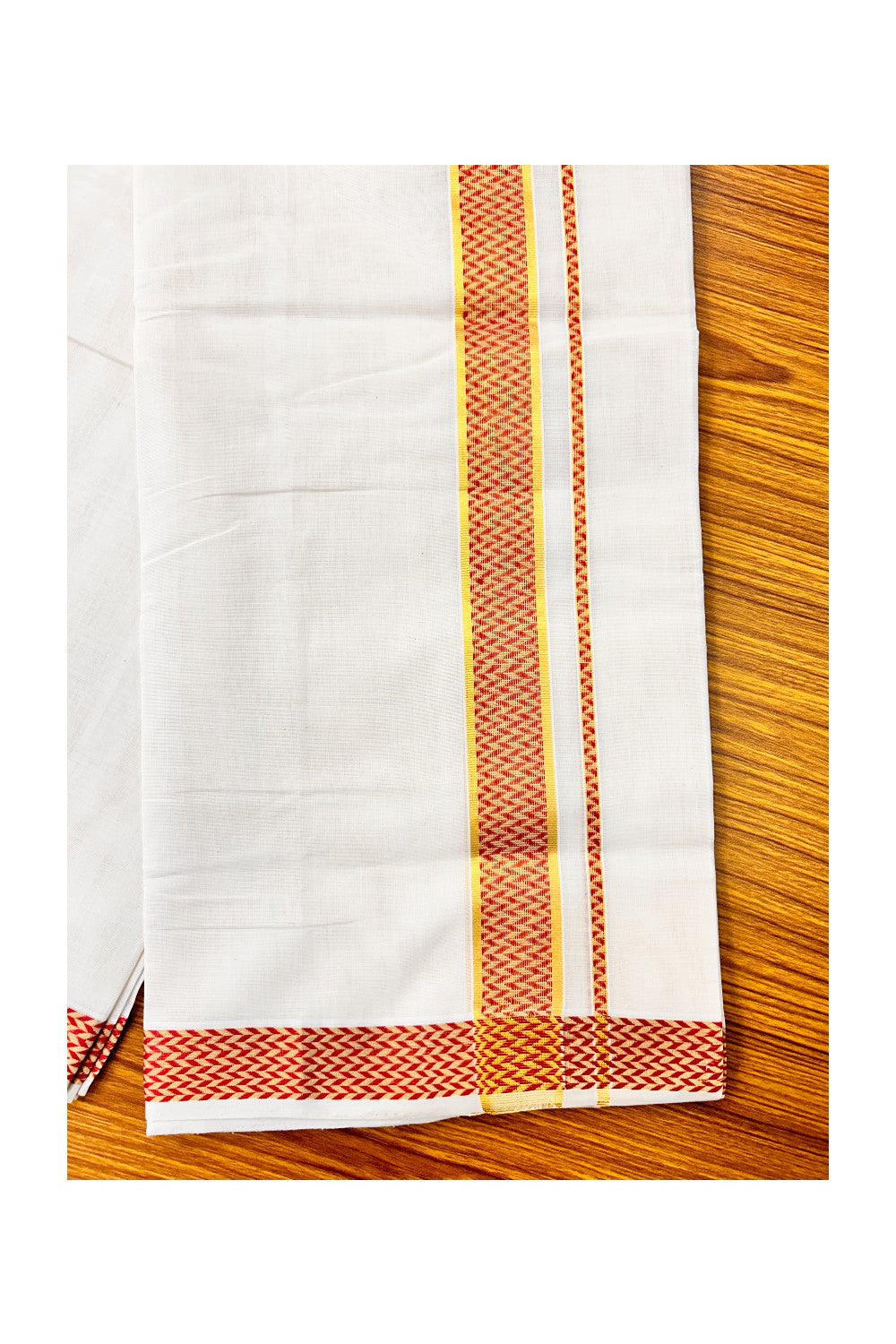 18 % DISCOUNT ! KaithariKada HANDLOOM Unakkupaav Balaramapuram - 100% PURE Cotton 3.75  Off White Double Mundu/Dhoti - Brick Red Check & KASAVU DESIGN 2.5 Inch  KARA- ABH22