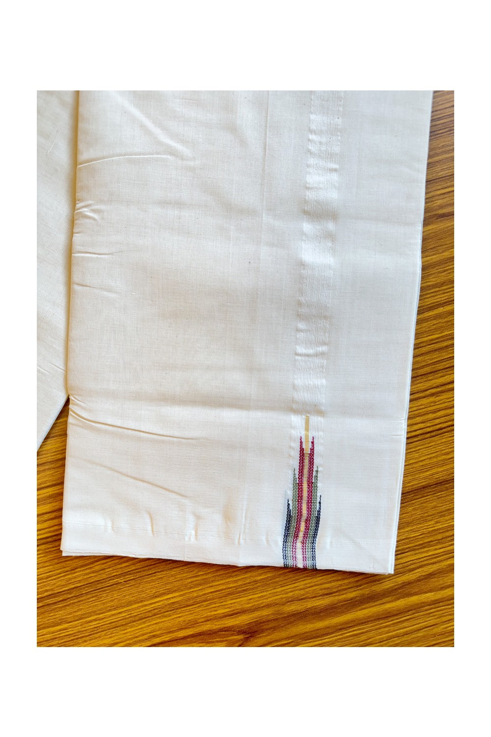 21% DISCOUNT!! KaithariKada HANDLOOM Millpaav Balaramapuram - 100% PURE Cotton OFF White (Unbleached) Double Mundu/Dothi - Multi colour temple chutty - 22KK203RAM