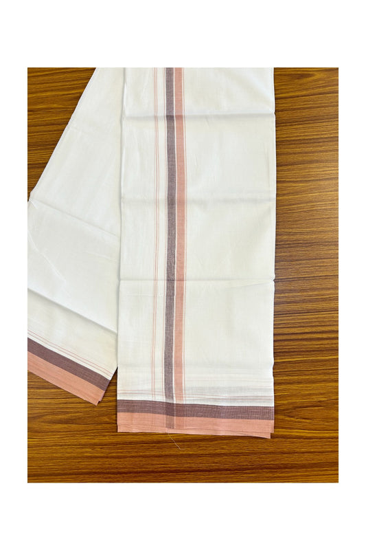 15% DISCOUNT!! Kaitharikada Balaramapuram 100% Cotton Ultra WHITE Double Mundu/Dothi-100x90  2 Inch Brown & Peach kara - 22KK430VAS