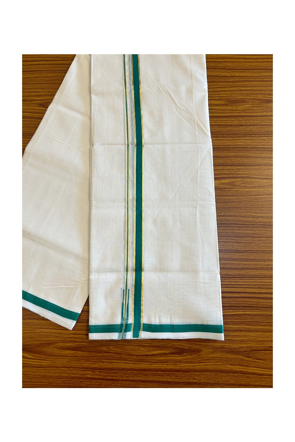 15% Discount!!! KaithariKada HANDLOOM UNAKKUPAAV Balaramapuram - 100% PURE Cotton off white (Unbleached) Double Mundu/Dhoti - 2 cm Green & kasavu Puliyilakkara chutty - 22KK458SOM