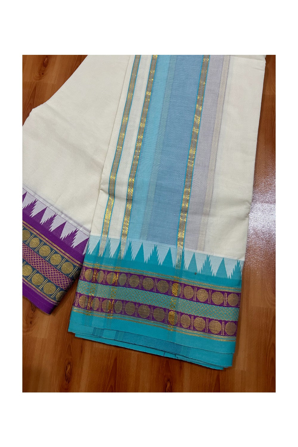 36% DISCOUNT! KaithariKada Cotton Mix  Off White - (Unbleached)- 80x80 thread -80% Cotton & 20% Polyester - NORTH INDIAN  ATTACHED GAMCHA 9X5 Dhoti 5 inch Blue kara with Violet Kasavu border  - 22KK5005PMC