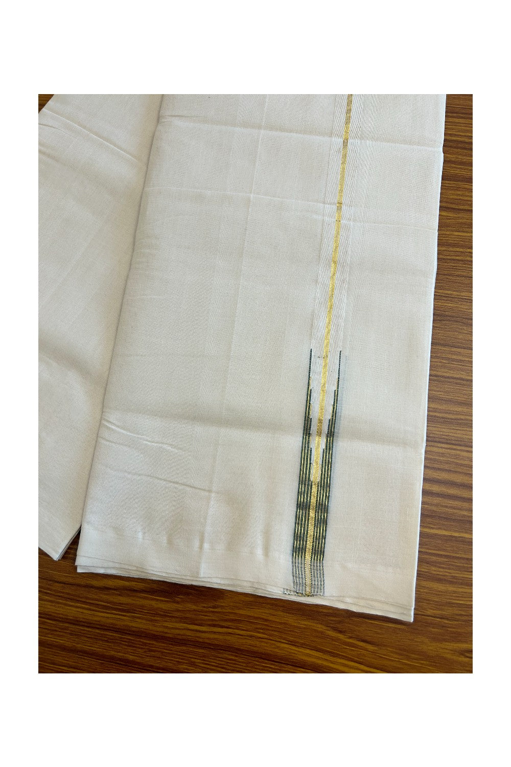 15% DISCOUNT!! KaithariKada HANDLOOM Millpaav Balaramapuram - 100% PURE Cotton OFF White - (Unbleached) Double Mundu/Dothi - 1 inch puliyilakkara Kasavu & Green striped chutty - 22KK5011RAM