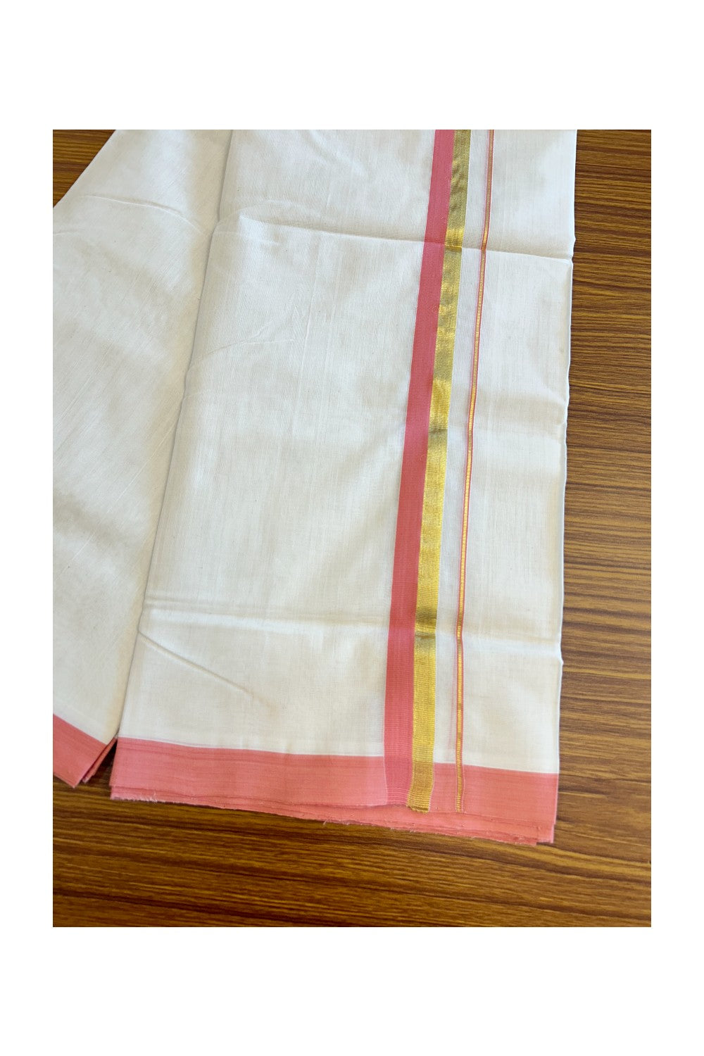 15% KaithariKada HANDLOOM UNAKKUPAAV Balaramapuram - 100% PURE Cotton Off white (Unbleached) Double Mundu/Dhoti - 1.5 inch  Peach Kara & Gold Kasavu-85