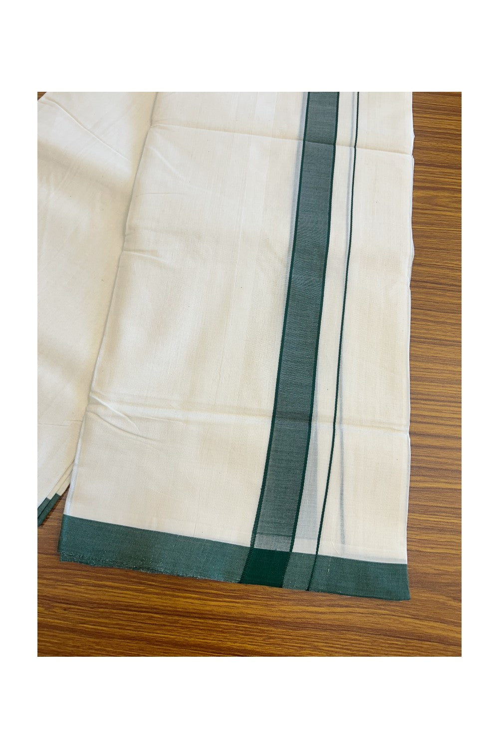 21% Discount KaithariKada HANDLOOM Unakkupaav Balaramapuram - 100% PURE Cotton Off White (Unbleached) - 100x100 Double Mundu/Dhoti - 2inch Green Kara-102