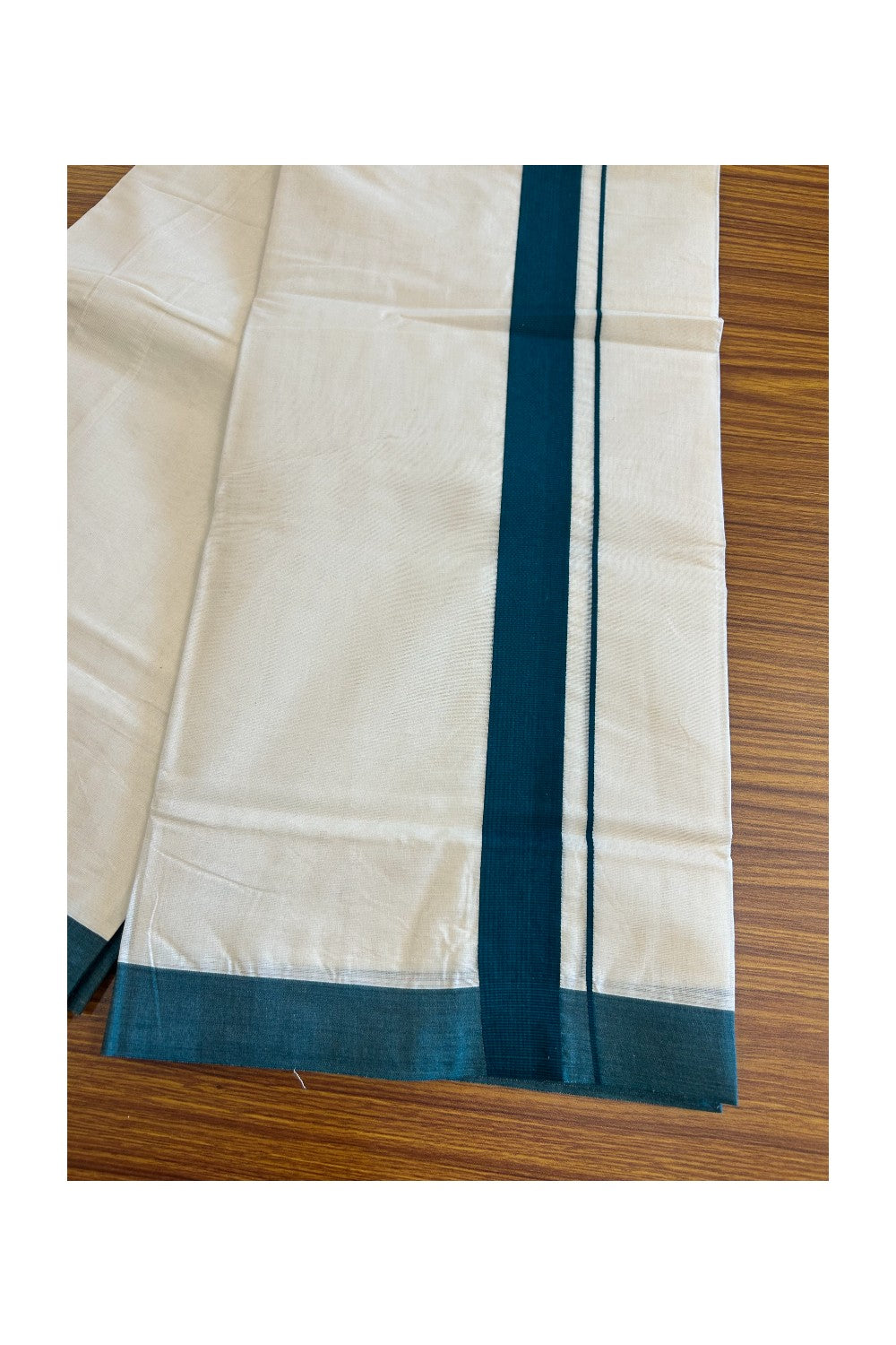 15% Discount KaithariKada Balaramapuram 100% Cotton Double Off white - (Unbleached) - Mundu/Dhoti- 100x100 - 1.75 inch Dark Green Kara - 7