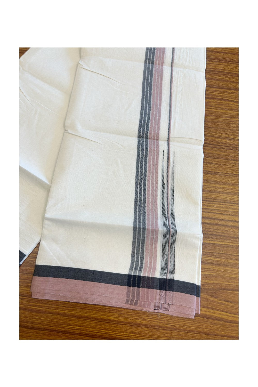 19% Discount!!! KaithariKada Balaramapuram  Double Off white - (Unbleached) Mundu/Dhoti - 80X90 - 1.75 inch Black & Dusty Rose Silver puliyilakkara chutty Striped Kara 3.85 meters - 23KK5058GUN