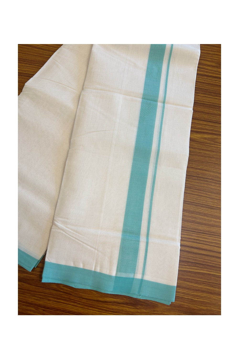 15% Discount! KaithariKada Balaramapuram Handloom 100% Millpaav Cotton Double Mundu/Dhoti Off white (Unbleached) -100x100 Light Turquoise Green Mulloth Border 3.60m- KK30RAM