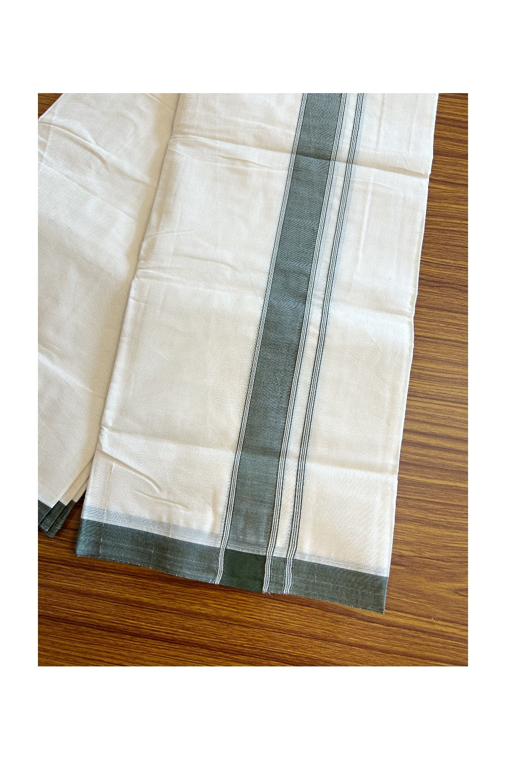 10% Discount KaithariKada Balaramapuram 100% Cotton Double Off white - (Unbleached) - Mundu/Dhoti- 100x80 - 2 inch Sage Green Kara 3.75 mtr - 22KK5063KK