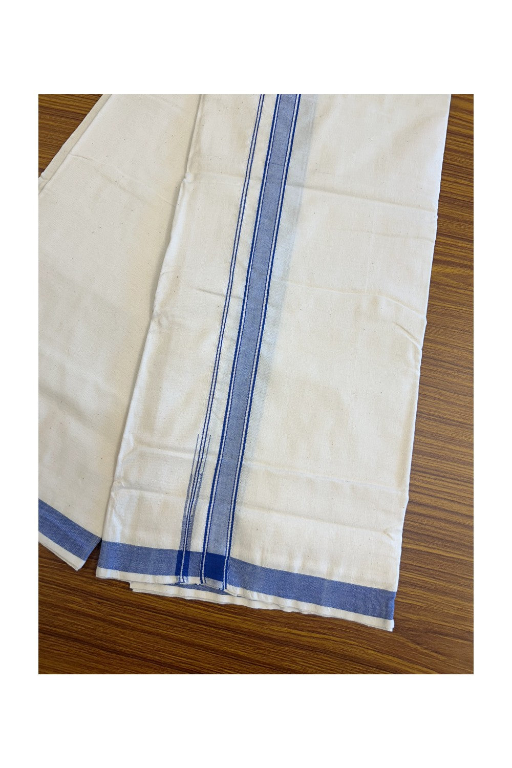 30% Discount ! KaithariKada 100% Cotton Balaramapuram HANDLOOM Single Mundu/Dhoti - Off White (Unbleached) 1.Inch Blue Striped Puliyilakkara Chutty.