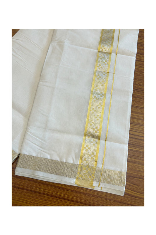 30% DISCOUNT ! KaithariKada HANDLOOM Unakkupaav Balaramapuram - 100% PURE Cotton Off White - (Unbleached) Double Mundu/Dhoti - 2.25 inch Gold Kasavu & Silver Design Kara - 22KK5105RAM