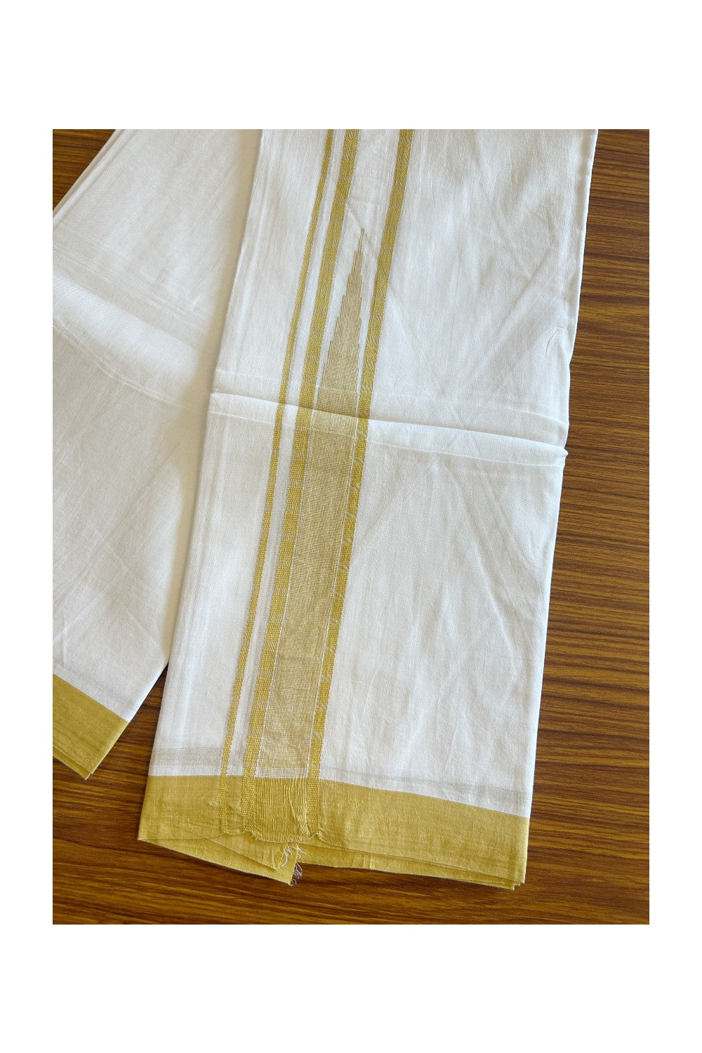 20% DISCOUNT!! KaithariKada Balaramapuram 100% Cotton PURE WHITE Double Mundu/Dhoti - 100x80 - 1.5 inch Mustard Yellow Temple striped Chutty kara -22KK5109THI