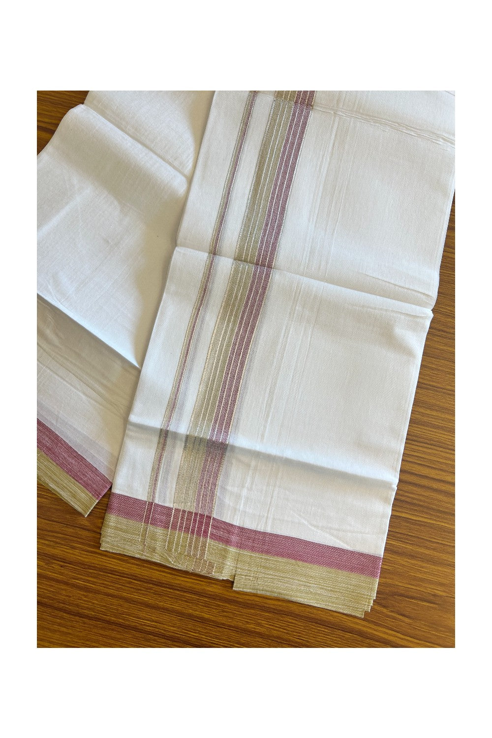 20% Discount !! KaithariKada Balaramapuram Double PURE WHITE Mundu/Dhoti- 100x80 - 2.25 inch Purple & Olive Green Shaded with Silver Striped kara - 3.90 mtr - 22KK5112PMC