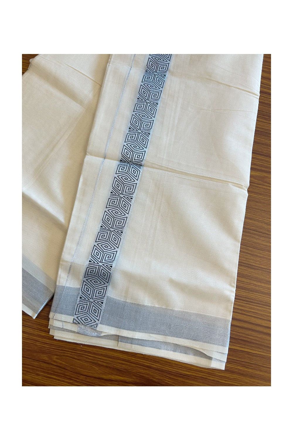 20% DISCOUNT ! KaithariKada Balaramapuram Mixed Cotton Double off white (Unbleached) Mundu/Dhoti - 80x80 thread- 2.25 inch Silver kasavu & Black design kara - 22KK5113PMC