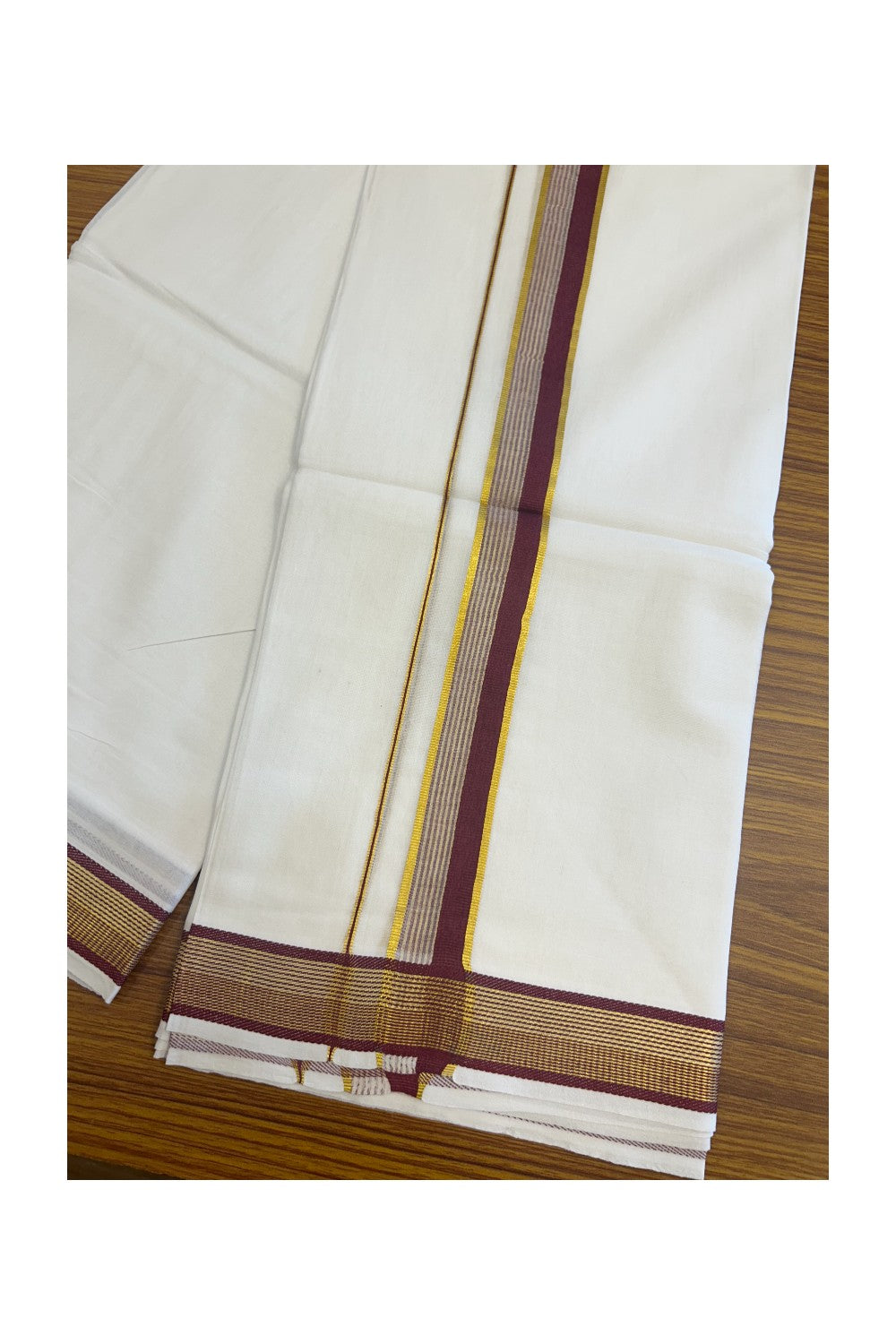 16% DISCOUNT! KaithariKada Balaramapuram 100% Mercerised Cotton Double PURE white Mundu/Dhoti - 100x100  1.25 inch Maroon & Kasavu stripes Kara - 22KK5135GAN