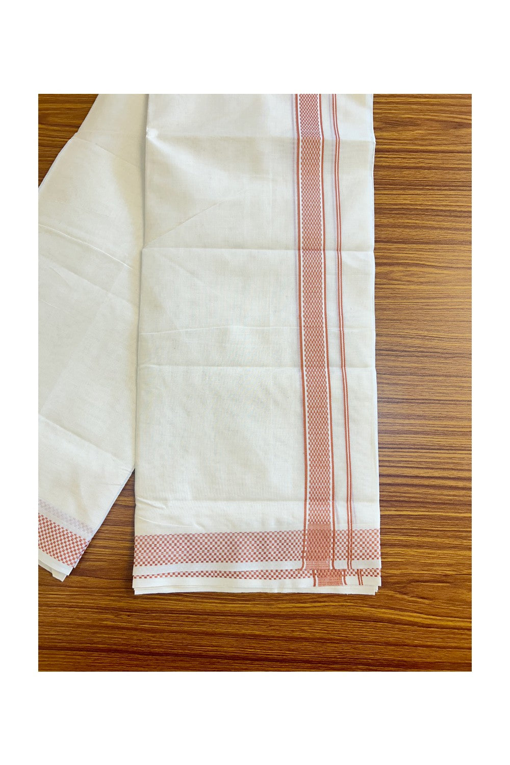 18% DISCOUNT ! KaithariKada Balaramapuram 100%  Cotton Off white (Unbleached) Double  Mundu/Dhoti - 100X100  brown check design kara - 22KK78PMC