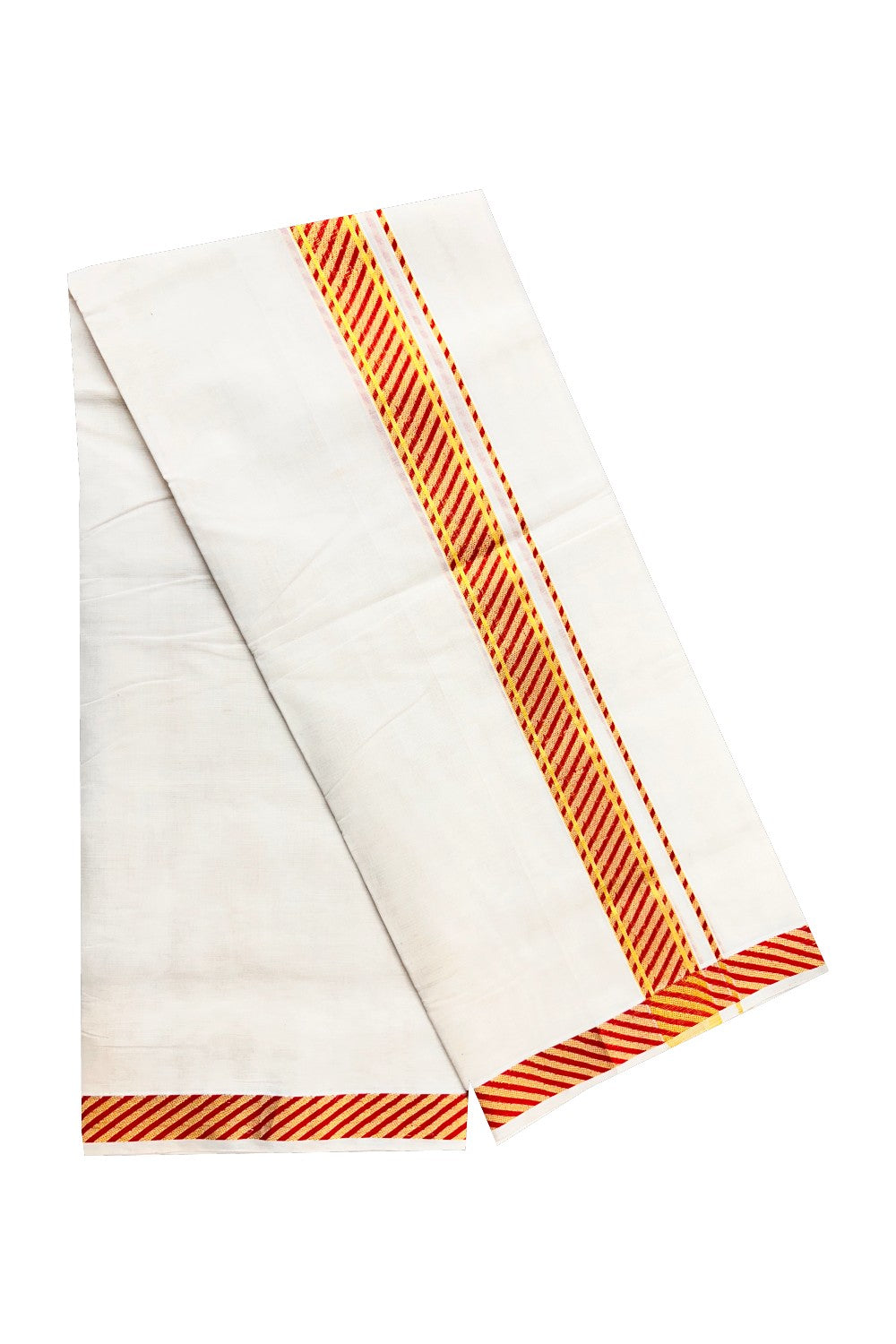 18 % DISCOUNT ! KaithariKada HANDLOOM Unakkupaav Balaramapuram - 100% PURE Cotton 3.75 Meter Off White Double Mundu/Dhoti - Brick Red Lines & KASAVU DESIGN 2.5 Inch  KARA- ABH23