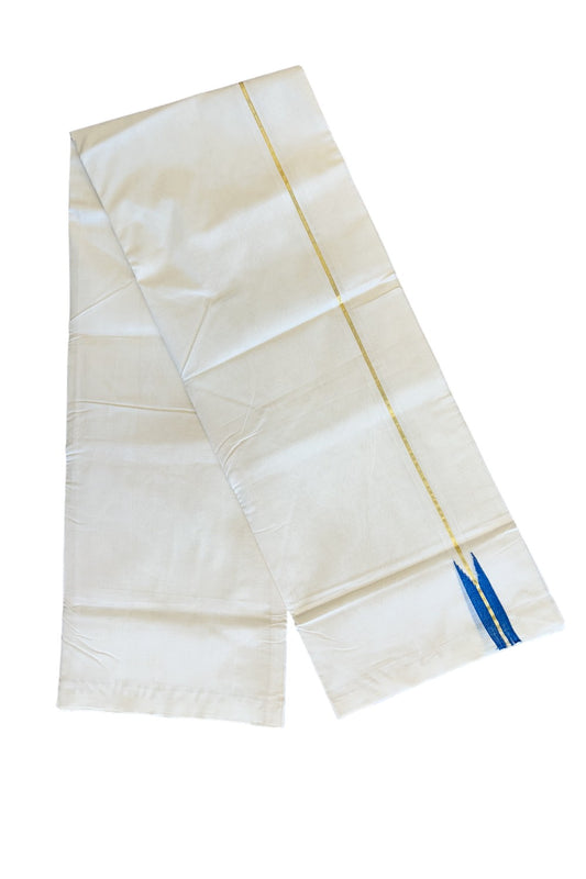 21% DISCOUNT!! KaithariKada HANDLOOM UNAKKUPAAV Balaramapuram - 100% PURE Cotton OFF White (Unbleached) Double Mundu/Dothi - Kasavu Blue Puliyilakkara Chutty - 23KK114ASH