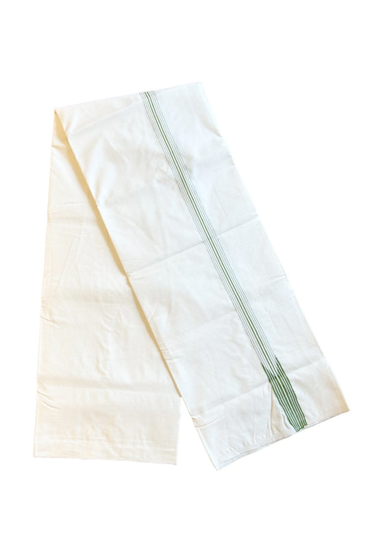 29% DISCOUNT ! KaithariKada Balaramapuram 100%  COTTON SINGLE OFF WHITE Mundu/Dhoti-100X100- 1 Inch 8 Line Puliyilakkara Light Green Chutty- 23KK411ASH