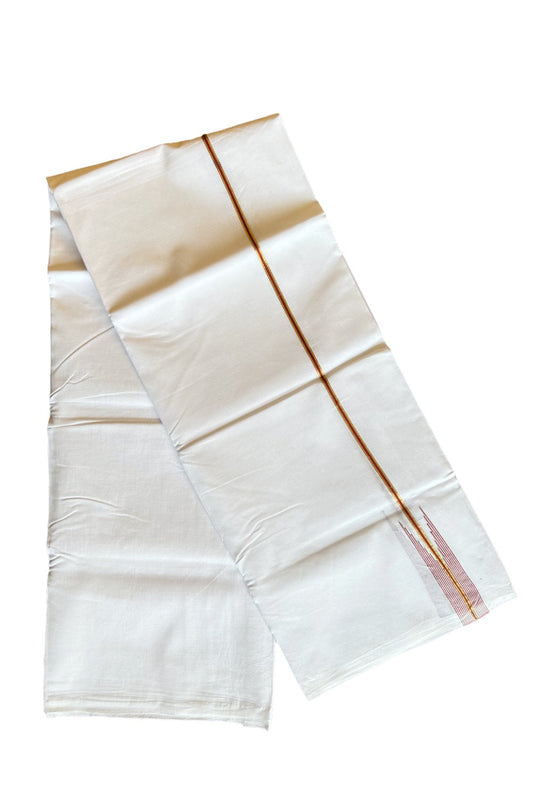 19% DISCOUNT!! KaithariKada Balaramapuram 100% Cotton PURE WHITE Double Mundu/Dhoti-100x100  1 inch Puliyilakkara  Kasavu & brick red striped chutty - 23KK412ASH