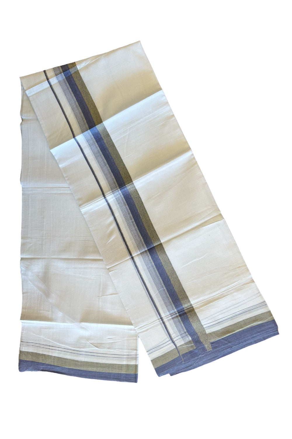 15% DISCOUNT!! Kaitharikada Balaramapuram 100% Cotton Ultra WHITE Double Mundu/Dothi-100x90  2.25 Inch Yellow + Blue shaded stripes kara - 23KK430VAS