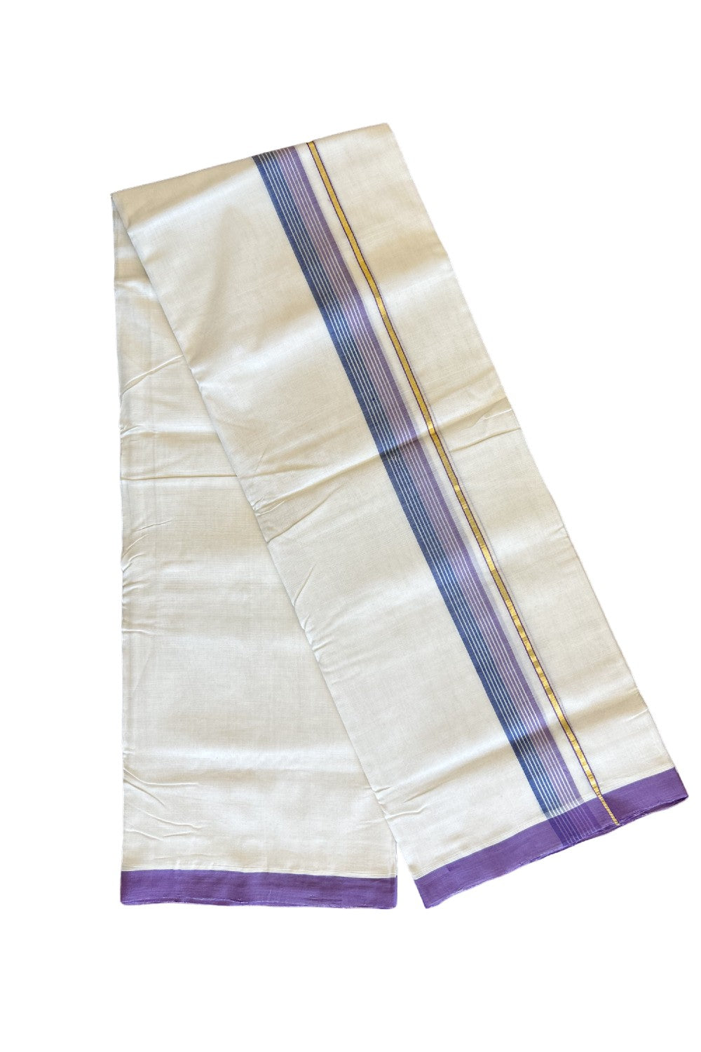 15% DISCOUNT!! KaithariKada HANDLOOM UNAKKUPAAV Balaramapuram - 100% PURE Cotton OFF White (Unbleached) Double Mundu/Dothi - Kasavu Lavender & Blue kara with white stripes - 23KK458SOM