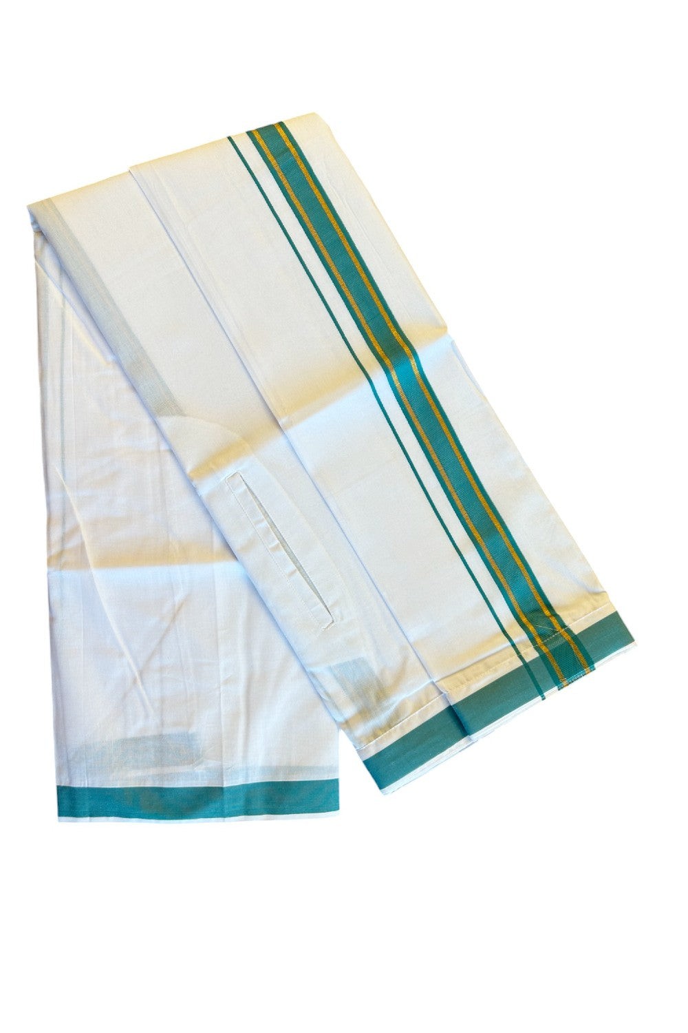 KaithariKada Balaramapuram  COTTON SINGLE PURE WHITE VELCRO Mundu/Dhoti - 1.75inch Peacock Green & Kasavu kara - 23KK485SRI