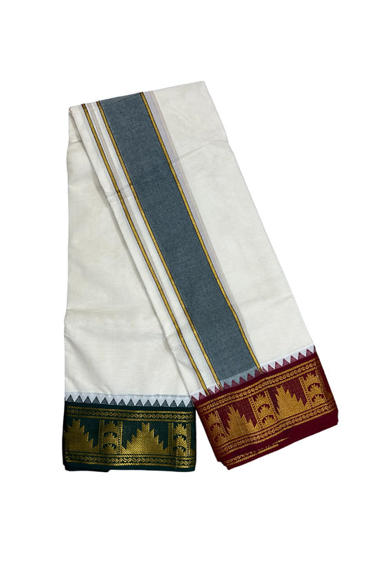 36% DISCOUNT! KaithariKada Cotton Mix Off White - (Unbleached) 80x80 thread -80%Cotton & 20% Polyester - NORTH INDIAN  ATTACHED GAMCHA 9X5 Dhoti 4 inch Green kara with Maroon Kasavu border  - 23KK5005PMC