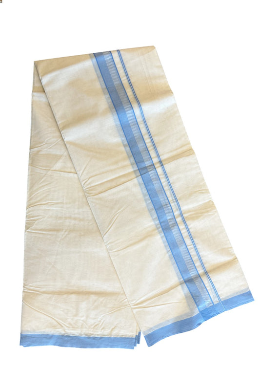 10% Discount KaithariKada Balaramapuram 100% Cotton Off White Double - (Unbleached) - Mundu/Dhoti - 100x100 2.25 inch - Sky Blue Side Stripe Kara - 202