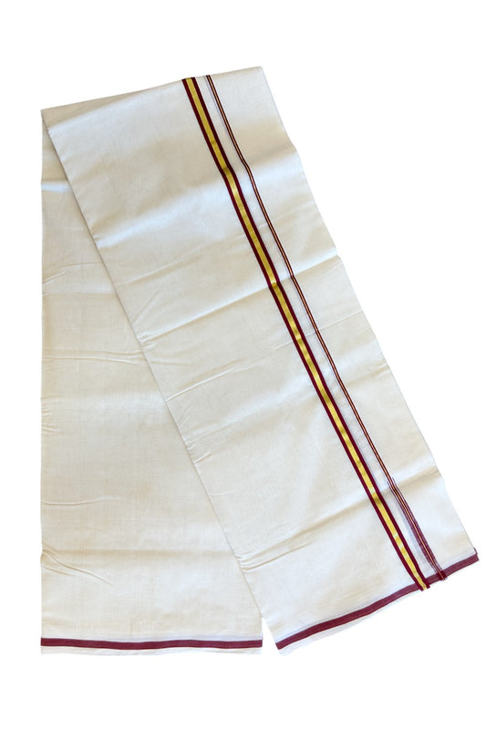 17% Discount KaithariKada HANDLOOM UNAKKUPAAV Balaramapuram - 100% PURE Cotton off white (Unbleached) Double Mundu/Dhoti - 1.5cm  Maroon Strip & Kasavu-90