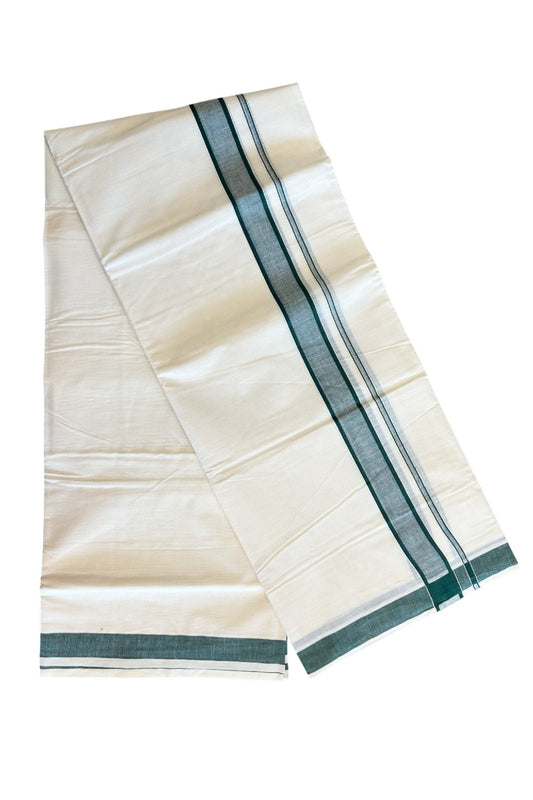 5% Discount KaithariKada Balaramapuram 100% Cotton Double Off white - (Unbleached) - Mundu/Dhoti- 80x72 - 1 inch Dark Green Kara - 276