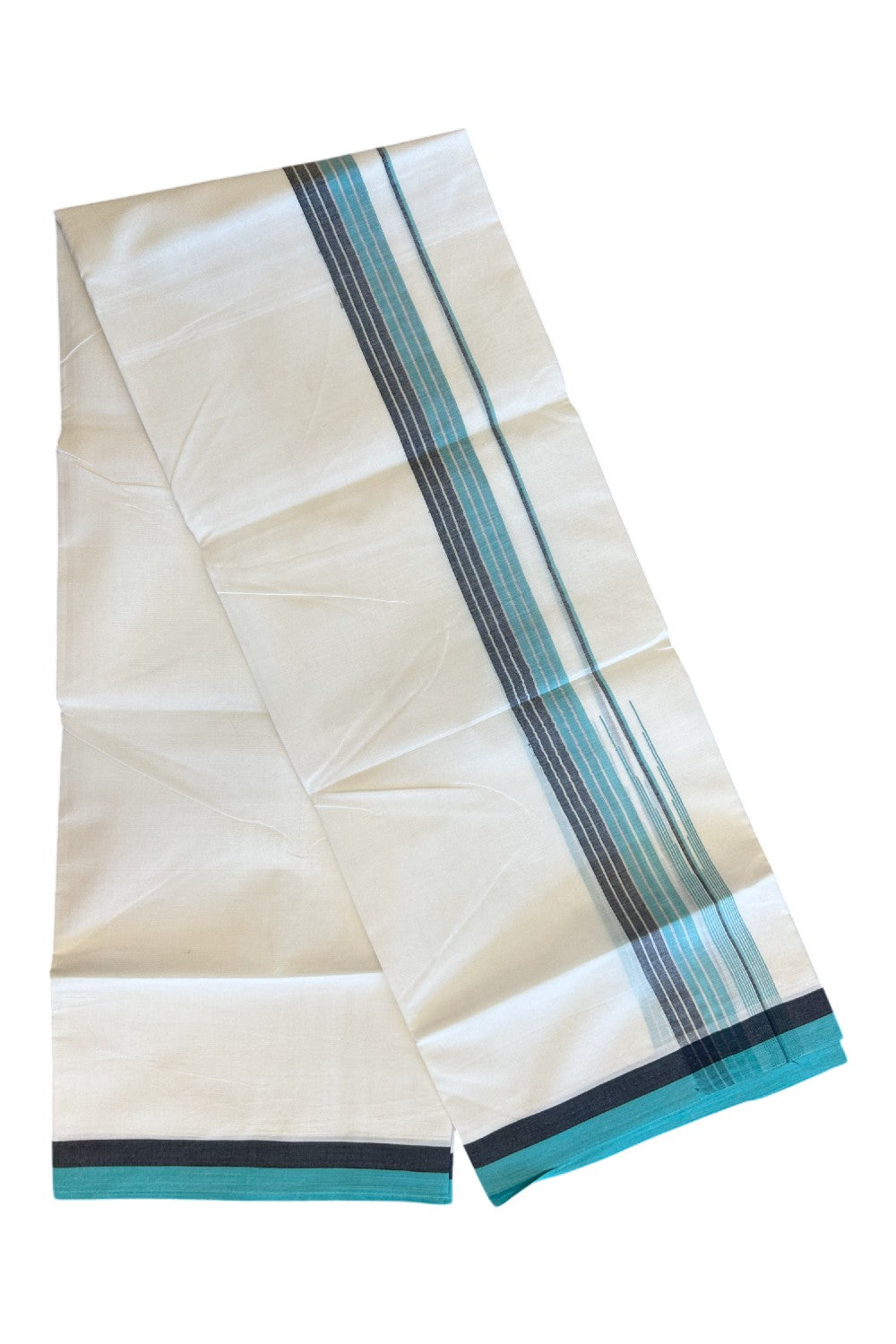 19% Discount!!! KaithariKada Balaramapuram  Double Off white - (Unbleached) Mundu/Dhoti - 80X90 - 1.75 inch Black & Turquoise Green Silver puliyilakkara chutty Striped Kara 3.85 meters - 22KK5058GUN