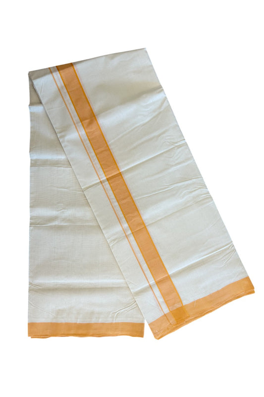 15% DISCOUNT! KaithariKada BALARAMAPURAM HANDLOOM Unakkupaav- 100% PURE Cotton 100x100 Double Mundu/Dhoti OFF WHITE (Unbleached) - Orange Stripes Kara