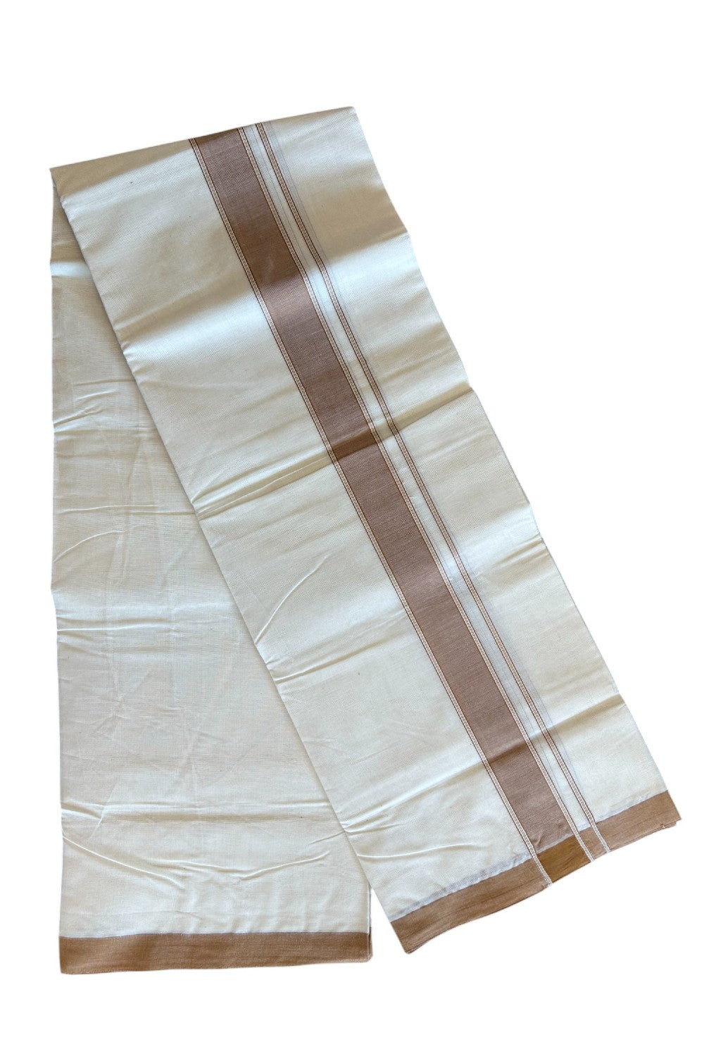 10% Discount KaithariKada Balaramapuram 100% Cotton Double Off white - (Unbleached) - Mundu/Dhoti- 100x80 - 2 inch Walnut Brown Kara 3.75 mtr - 23KK5063KK