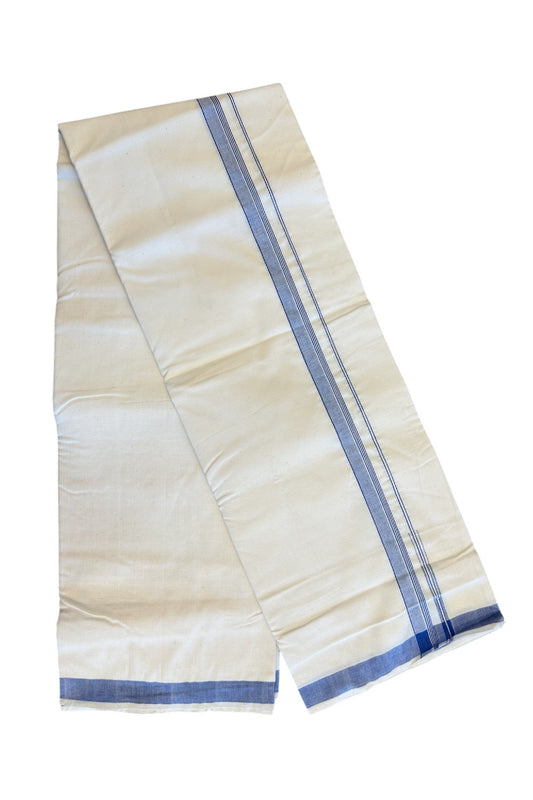 32% Discount ! KaithariKada 100% Cotton Balaramapuram HANDLOOM Single Mundu/Dhoti - Off White (Unbleached) 0.75 Inch Blue Striped Puliyilakkara Chutty.