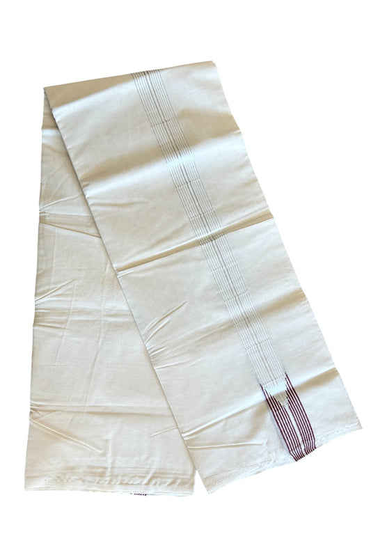 23% DISCOUNT ! KaithariKada 100% Cotton OFF WHITE - (Unbleached) - Double Dhoti/Mundu- 12 Line DARK Maroon Puliyilakkara Chutty & Silver Kasavu Stripes- 10KK411ASH