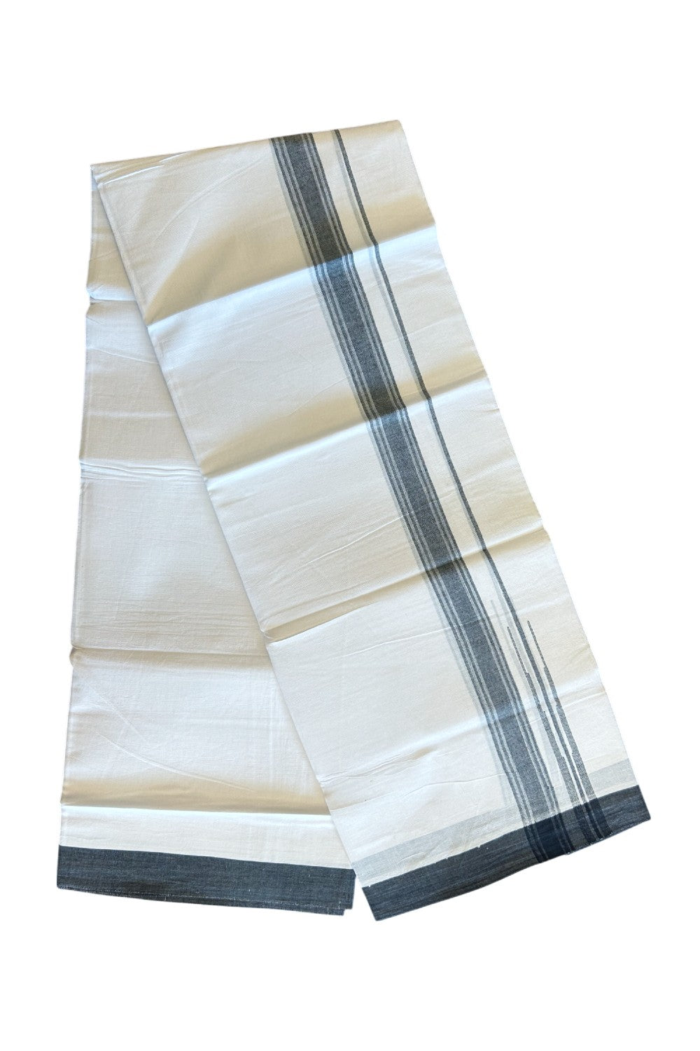 25% DISCOUNT!!! KaithariKada Balaramapuram 100% Cotton Double PURE white Mundu/Dhoti -80X80 - 1.25 Inch Black & White shaded stripes Chutty kara - 23KK5108GAN