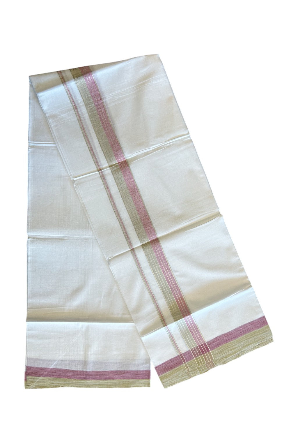 20% Discount !! KaithariKada Balaramapuram Double PURE WHITE Mundu/Dhoti- 100x80 - 2.25 inch Magenta & Olive Green Shaded with Silver Striped kara - 3.90 mtr - 23KK5112PMC