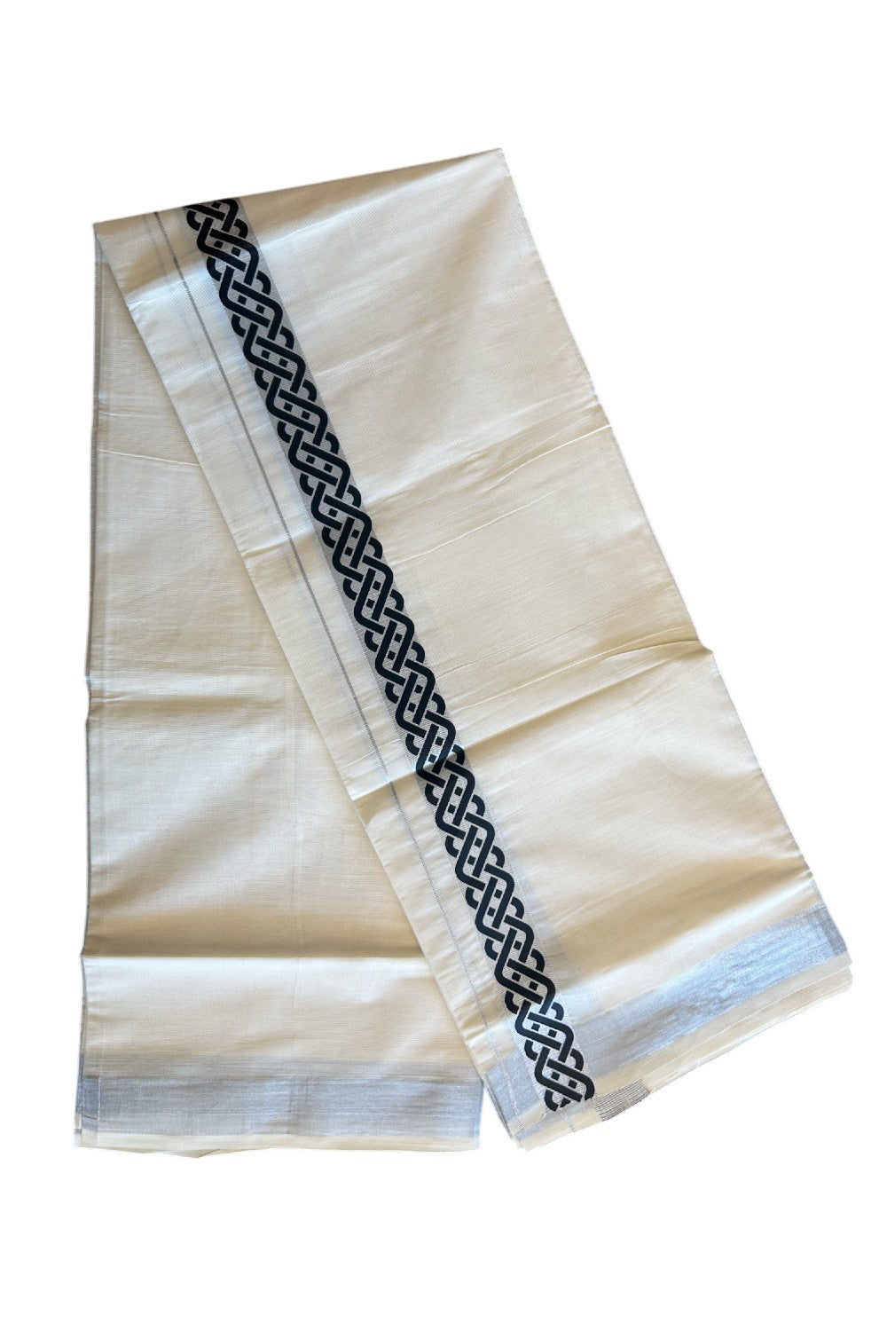 20% DISCOUNT ! KaithariKada Balaramapuram Mixed Cotton Double off white (Unbleached) Mundu/Dhoti - 80x80 thread - 2 inch Silver kasavu & Black design kara - 23KK5113PMC