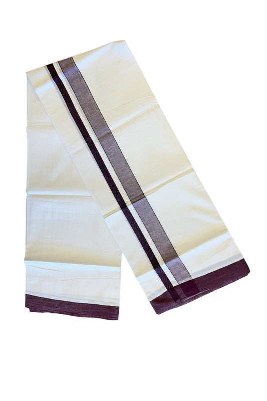 21% DISCOUNT!! Kaitharikada Balaramapuram 100% Cotton Ultra WHITE Double Mundu/Dothi-100x80  2.5 Inch DARK PURPLE & BLACK Striped Cotton Kara -23KK73VAS.