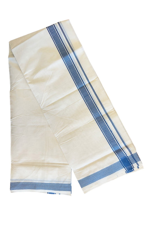 18% DISCOUNT ! KaithariKada Balaramapuram 100%  Cotton off whitte Double  Mundu/Dhoti - 100X100  blue check design kara - 23KK78PMC