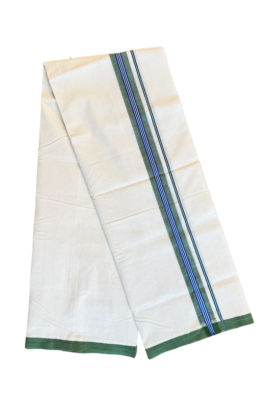 13% DISCOUNT!! KaithariKada HANDLOOM Unakkupaavu Balaramapuram - 100% PURE Cotton OFF White (Unbleached) Double Mundu/Dothi -  GREEN BLUE  Striped 1 inch Kara- KK46SOM-23..