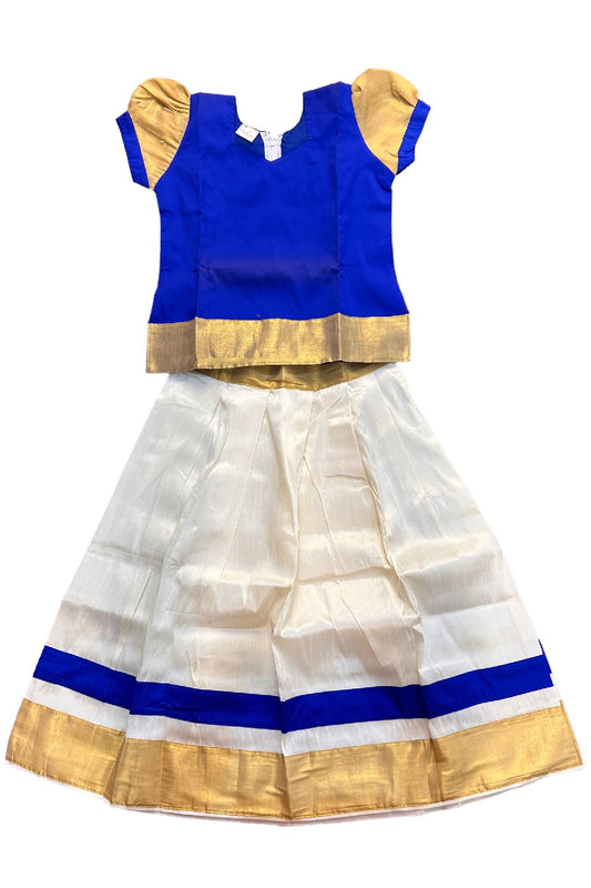 Midukki-Traditional South Indian Kids Pattu Pavada- Blue top offwhite skirt with kasavu- Age 8 - KK8MID0023