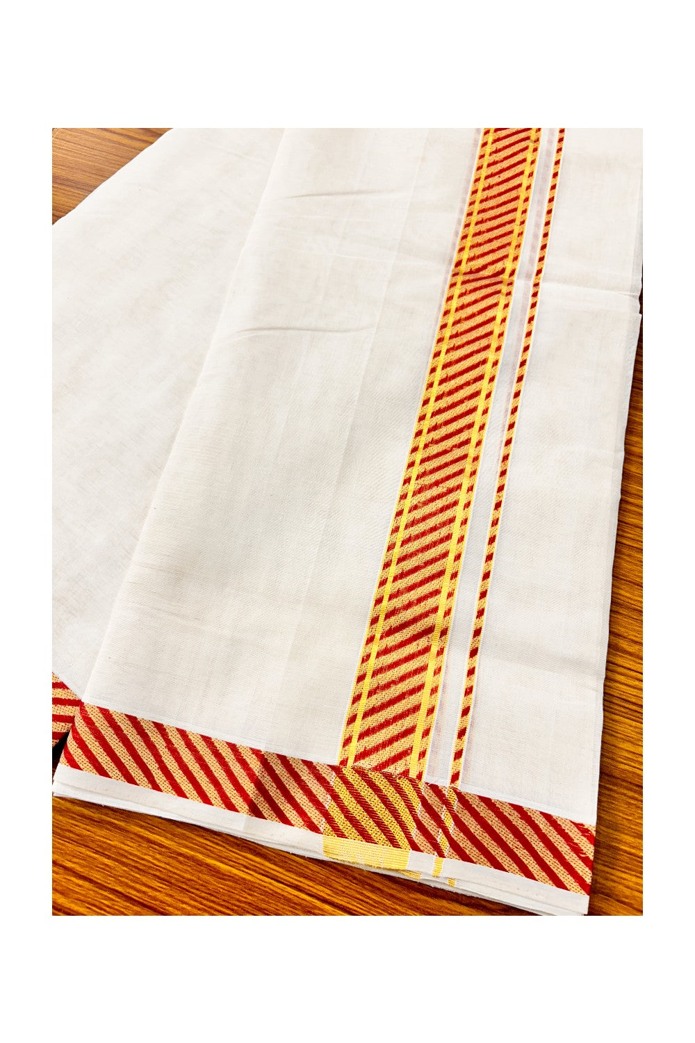 18 % DISCOUNT ! KaithariKada HANDLOOM Unakkupaav Balaramapuram - 100% PURE Cotton 3.75 Meter Off White Double Mundu/Dhoti - Brick Red Lines & KASAVU DESIGN 2.5 Inch  KARA- ABH23