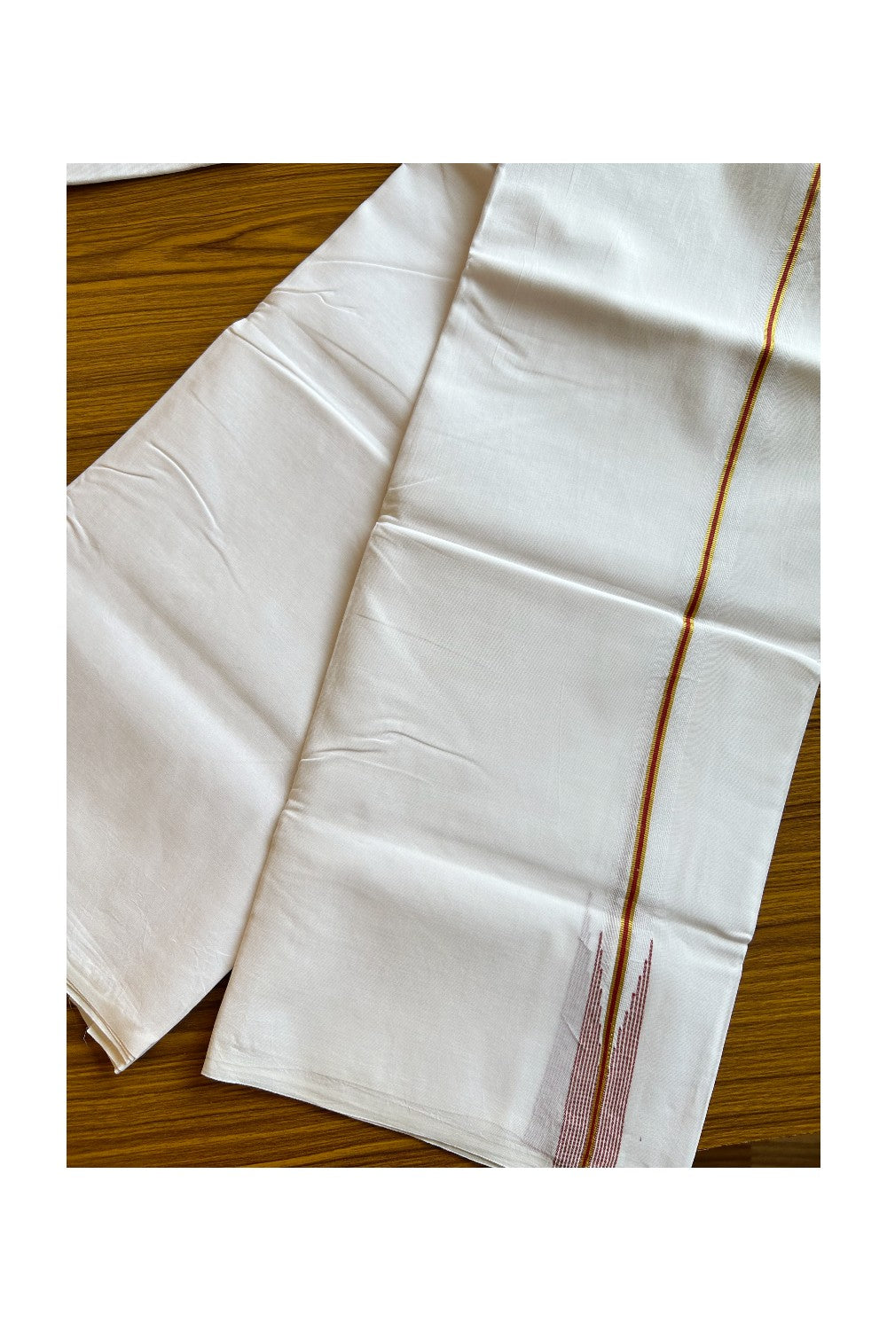 19% DISCOUNT!! KaithariKada Balaramapuram 100% Cotton PURE WHITE Double Mundu/Dhoti-100x100  1 inch Puliyilakkara  Kasavu & brick red striped chutty - 23KK412ASH